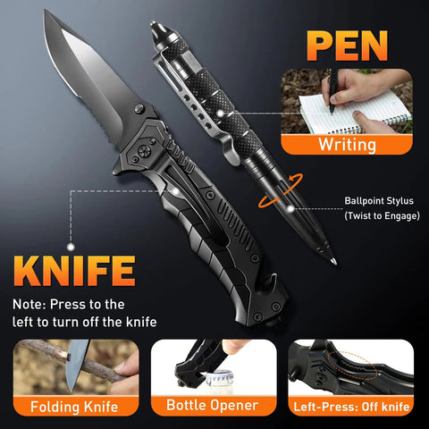 Survival Gear Kit for Men With 27 In 1 Complete Tools and Camping Accessories Tactical Outdoor Pack featuring knife and pen.