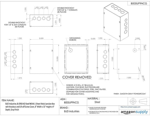 Blueprint of Tough Rugged Steel NEMA 1 Junction Box 10 In L X 8 In W X 4 In D 16 Gauge Welded Sheet Metal Enclosure Indoor Gray Electrical Box