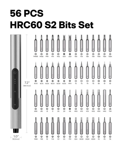Mini Electric Screwdriver Kit With 56 Bits Three Torque Settings shown with bit sizes and specifications.