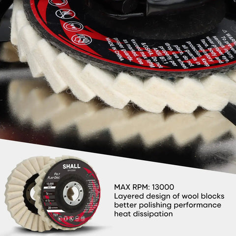 Close-up of Six Pack Felt Flap Discs For Angle Grinder Four And A Half Inch By Seven Eighths Inch Arbor with wool blocks.
