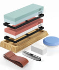 Pro Grade Knife And Axe Sharpening Stone Set With Four Sides Grit 400 1000 And 3000 8000 Plus Bamboo Base Flatting Stone Angle Guide And Leather Strop Waterstone Kit For Sharp Smooth Edges