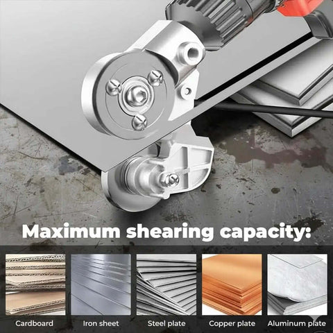 Turn Any Drill Into A Sheet Metal Cutter With This Titanium Drill Nibbler Attachment cutting through metal sheet below drill.