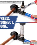 Heavy Duty Copper Pipe Press Tool Kit For 1/2 Inch And 3/4 Inch Viegas Propress Fittings Includes Socket Wrench And Cutters Compact Design With LED Light For Easy Access In Tight Spaces Perfect For Hvac Pros, using socket and impact wrenches.