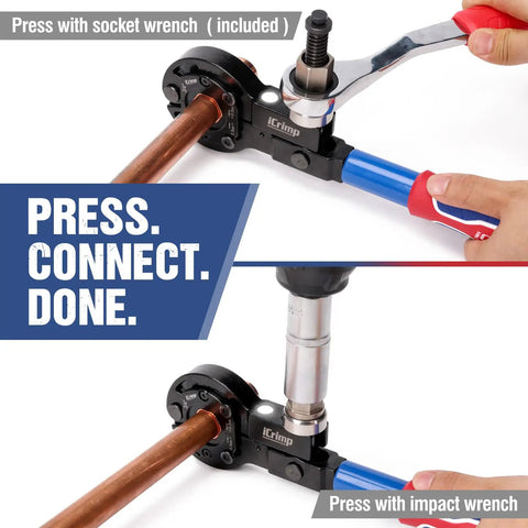 Heavy Duty Copper Pipe Press Tool Kit For 1/2 Inch And 3/4 Inch Viegas Propress Fittings Includes Socket Wrench And Cutters Compact Design With LED Light For Easy Access In Tight Spaces Perfect For Hvac Pros, using socket and impact wrenches.