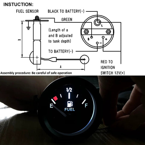 52mm Fuel Level Gauge Kit With Tank Sending Unit for Boats, RVs, and Marine Equipment, 12V Universal Water and Fuel Sender, 2-Inch Gauge Meter, Plug-And-Play Rugged Marine Sensor for Accurate Fuel Readings. wiring diagram and illuminated fuel gauge close-up