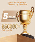 Golden trophy celebrating 5 years of sales history and 850,000+ pet family customers, emphasizing trust and reliability.