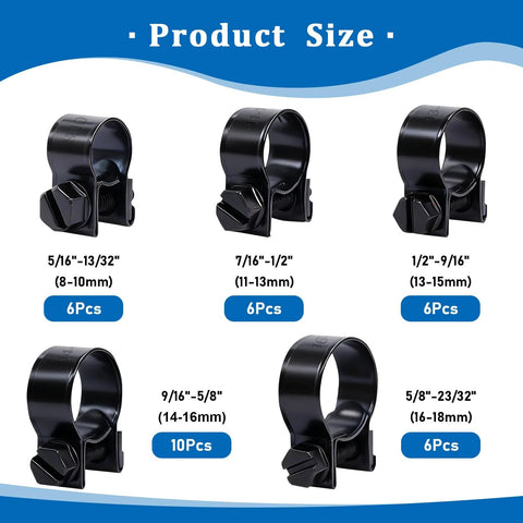 Eoppen 34-piece fuel line clamp kit with five sizes (8–18 mm); black screw hose clamps for automotive fuel lines.