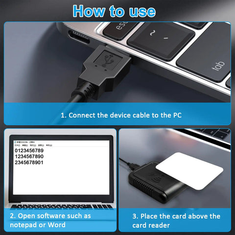 USB 125kHz RFID Card Reader With EM4100 Support, plug and play proximity sensor for Linux, Windows, Mac, IOS in use setup steps.