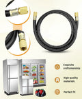 Heavy Duty Three Eighths Inch Vacuum Hose With Three Eighths Inch Fittings, Five Ft Black, Built To Handle 600 PSI Working Pressure And 3000 PSI Burst, Fits Most Refrigeration And Air Conditioning Equipment, R410A Ready For High Pressure Jobs shown with refrigerators and fittings details.