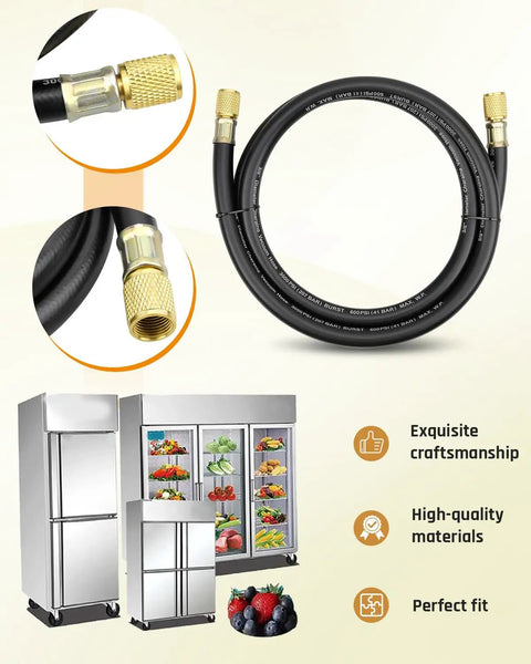 Heavy Duty Three Eighths Inch Vacuum Hose With Three Eighths Inch Fittings, Five Ft Black, Built To Handle 600 PSI Working Pressure And 3000 PSI Burst, Fits Most Refrigeration And Air Conditioning Equipment, R410A Ready For High Pressure Jobs shown with refrigerators and fittings details.