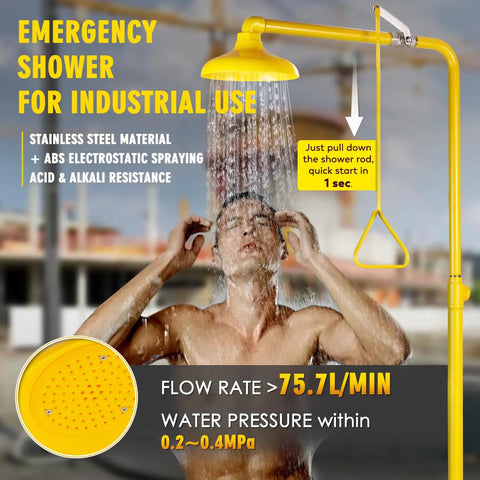 Heavy Duty Emergency Shower And Eye Wash Station Combo For Industrial Safety Worksite Ready NPT Thread 304 Stainless Steel With Yellow Coating OSHA Approved And ANSI Z358 2014 Compliant Ideal For Construction Sites Factories Labs