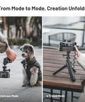 GoPro CapLock MantisPod Power 5000mAh Battery Grip in briefcase and tripod mode with dog and smartphone setup
