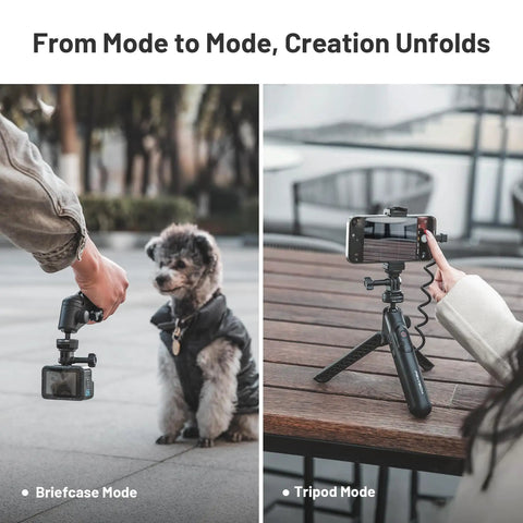 GoPro CapLock MantisPod Power 5000mAh Battery Grip in briefcase and tripod mode with dog and smartphone setup