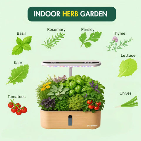 Indoor Hydroponic Herb Garden System With 14 Pods LCD Display LED Grow Light showcasing various herbs like basil and parsley.