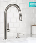 Game Changer Stainless Steel Pull Down Kitchen Faucet With Spot Free Brushed Finish And Full Range Swivel Spout above a sink with soap dispenser.
