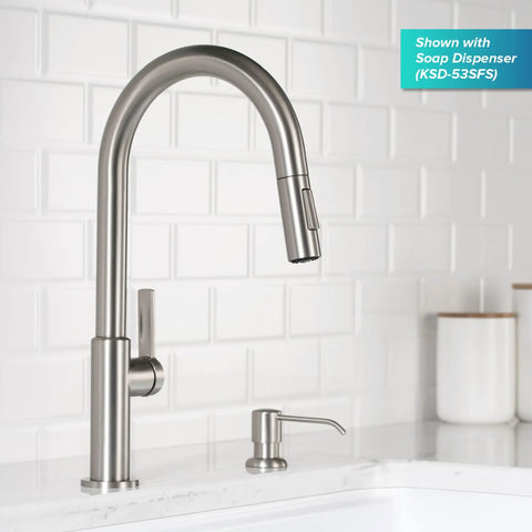 Game Changer Stainless Steel Pull Down Kitchen Faucet With Spot Free Brushed Finish And Full Range Swivel Spout above a sink with soap dispenser.