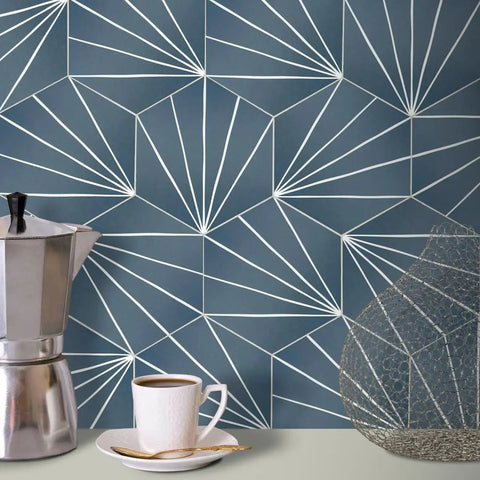Blue Art Deco Hexagon Flower Peel And Stick Backsplash Tile Set For Kitchen And Bathroom Self Adhesive Wall Tiles Covering Ten Square Feet