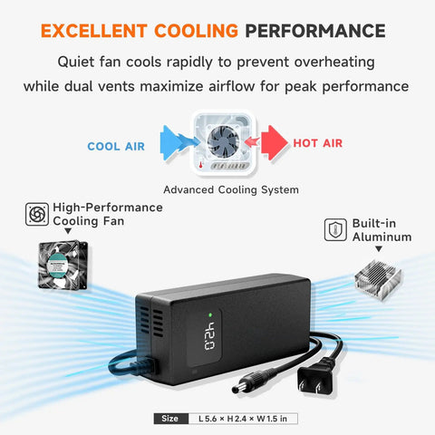 Fast 42V 2A Electric Scooter Charger for 36V Lithium Battery Scooters showing cooling fan performance and aluminum build