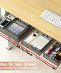 Premium Under Desk Drawer Storage Set With Three Attachable Slide Out Trays For Office And Home Keep The Desktop Hella Tidy Hidden Organizer with clear bins holding devices and stationery.