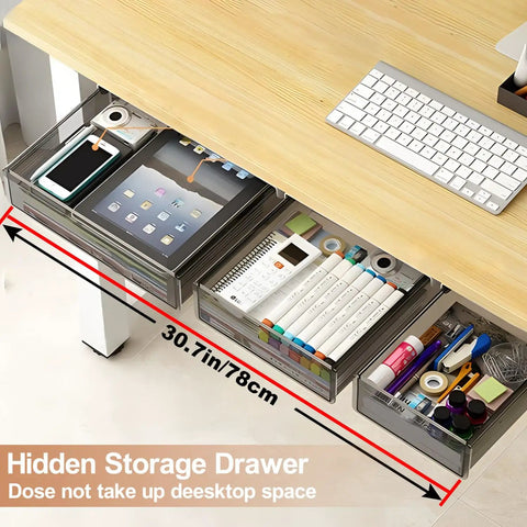 Premium Under Desk Drawer Storage Set With Three Attachable Slide Out Trays For Office And Home Keep The Desktop Hella Tidy Hidden Organizer with clear bins holding devices and stationery.