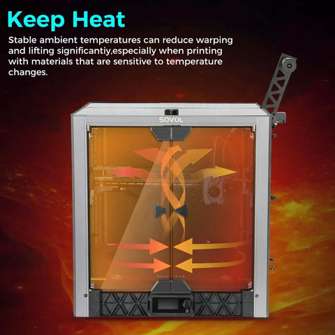 Metal and tempered glass open printer enclosure with drag chain and filter fan for SV08 upgrade, visualizing airflow arrows inside.