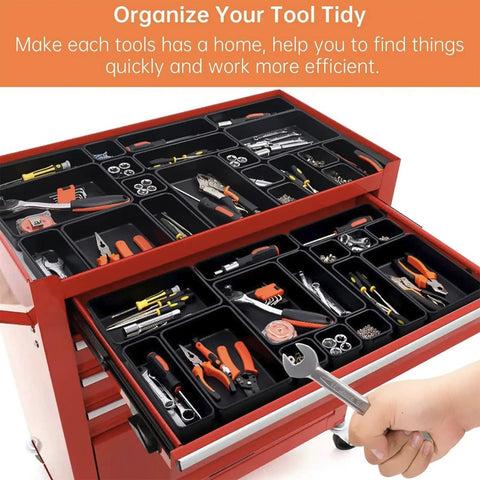 45 Pack Tool Box Organizer Trays And Dividers For Drawer And Toolbox Garage Storage Set, black bins in red tool chest