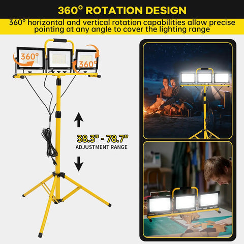 Heavy Duty Led Work Light With Beefy Telescoping Tripod, 30000 Lumens, three heads adjustable from 38.3 to 78.7 inches.