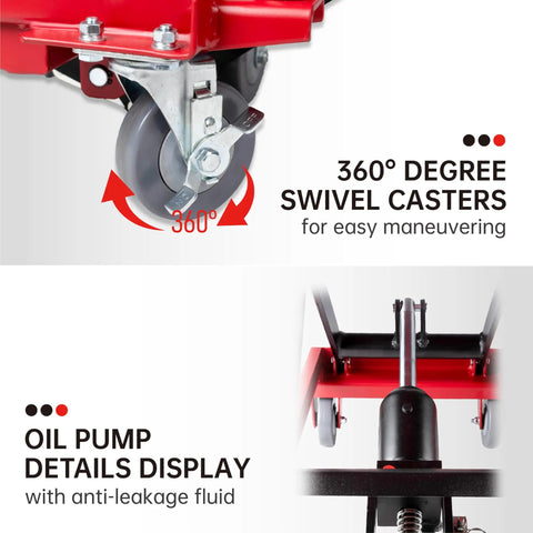 Heavy Duty 500 Lb Hydraulic Manual Scissor Lift Table Cart with wheel lock and foot pedal, showing 360-degree swivel casters