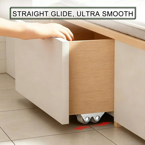 Built Tough 0.5 Inch Double Roller Mini Caster Wheels With Flat Steel Mount shown under a cabinet for smooth drawer gliding.