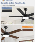 52 Inch Cool Modern Ceiling Fan With Lights And Smart Remote App Control 6 Speeds 3CCT Dimmable 30W LED, shown with black and wood grain blades.