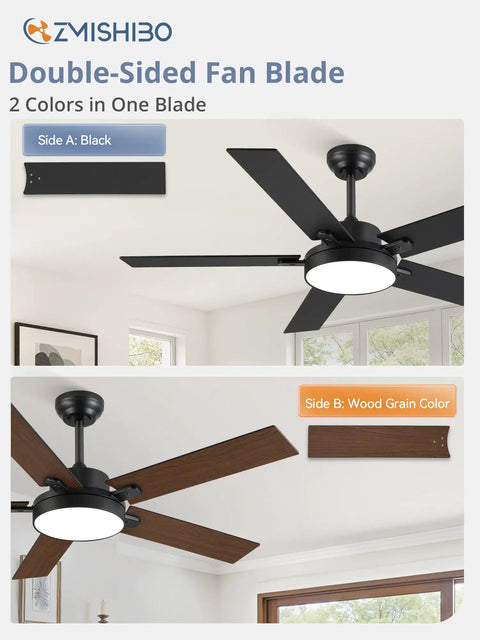 52 Inch Cool Modern Ceiling Fan With Lights And Smart Remote App Control 6 Speeds 3CCT Dimmable 30W LED, shown with black and wood grain blades.