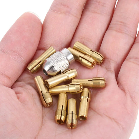 Pro Grade Quick Change Drill Chuck Reducer Adapter for Cordless rotary Tools in hand with copper collets.