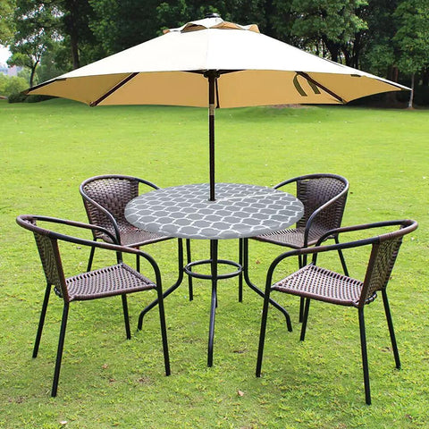 Round outdoor tablecloth with umbrella hole and elastic edge for 40 to 44 inch vinyl PVC cover, waterproof, grey Moroccan