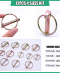 Assorted 12 Pack Gold Zinc Plated Lynch Pins With Ring in 1/4, 3/16, 5/16, 7/16 inch sizes for farm tractors and outdoor equipment.