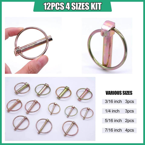 Assorted 12 Pack Gold Zinc Plated Lynch Pins With Ring in 1/4, 3/16, 5/16, 7/16 inch sizes for farm tractors and outdoor equipment.