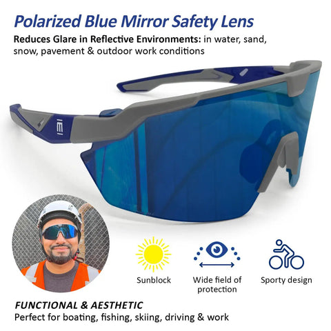 Badass Semi Frameless Safety Glasses With Ansi Z87 Certified Features. Polarized blue mirrored lenses ideal for outdoor work.