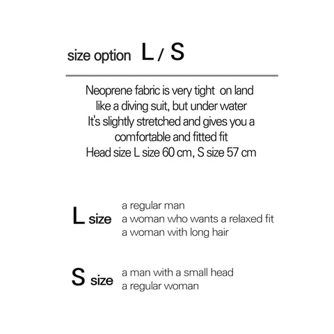 Size guide for Thermal Neoprene Hood Cap For Freediving And Sea Swimming, L (60 cm) and S (57 cm), neoprene material fit guidance.