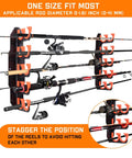 Wall And Ceiling Mounted Fishing Rod Rack Holds Up To 10 Rods Space Saver For Gear In Garage Declutter Your Space With A Durable Wall Mount Or Ceiling Mount Rack For Home Shop Or Boat, featuring staggered rod storage design.