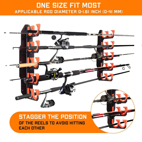 Wall And Ceiling Mounted Fishing Rod Rack Holds Up To 10 Rods Space Saver For Gear In Garage Declutter Your Space With A Durable Wall Mount Or Ceiling Mount Rack For Home Shop Or Boat, featuring staggered rod storage design.