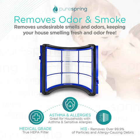 Image of True HEPA H13 Replacement Filter For Dyson Pure Cool And Hot Series TP04 HP04 DP04 with medical grade filtration in front of text promoting removal of odors and smoke.