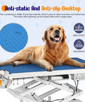 Huge Heavy Duty Electric Pet Grooming Lift Table With Double Scissor Blue Top showing anti-static, spillproof blue surface with golden retriever.