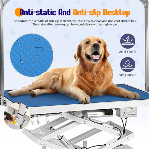 Huge Heavy Duty Electric Pet Grooming Lift Table With Double Scissor Blue Top showing anti-static, spillproof blue surface with golden retriever.