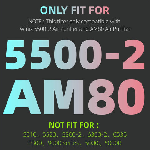 Compatibility notice for Replacement Filter H For 5500-2 And AM80 Air Purifiers, showing compatible models 5500-2 and AM80.