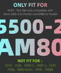 Graphic showing filter compatibility with 5500-2 and AM80 air purifiers for 4 Pack HEPA Filter Replacement For 5500-2 And AM80 Air Purifiers.