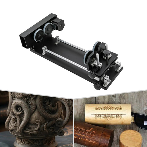 Rock Solid Rotary Attachment For Precision Engraving And Wood Carving Freestanding Motorized Axis with aluminum frame and rollers.