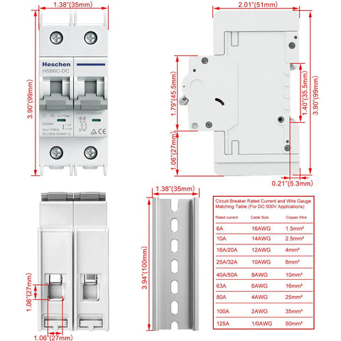 Tough As Nails 32A DC Miniature Circuit Breaker Rated Up To 600VDC, dual pole with detailed dimensions, for solar PV rig protection.