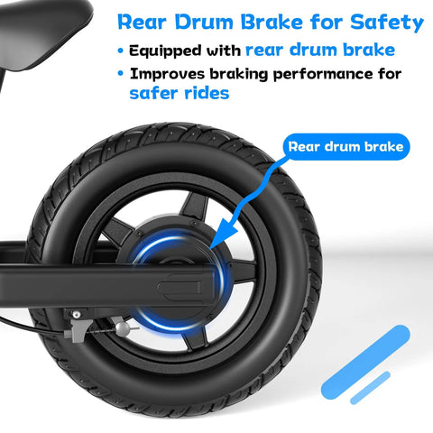 Rear view of Kids Electric Balance Bike BK1 With 12 Inch Tires, showing rear drum brake for safety and improved braking performance.