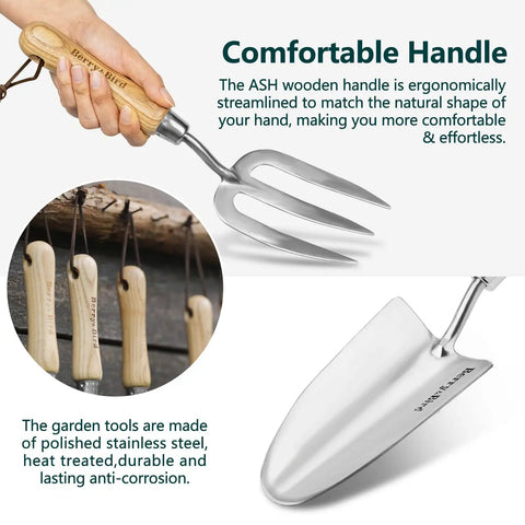 Close-up of Three Piece Garden Tool Set With Wooden Handles Stainless Steel Trowel Weeding Fork And Digging Shovel For Planting Aeration Transplanting And Soil Prep A Sweet Gift For Gardeners showing ergonomic ash handles.