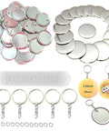 58Mm Button Maker Kit For Keychains, Pro Grade 50 Sets showing metal covers, tinplate top shell, transparent films, and keychains