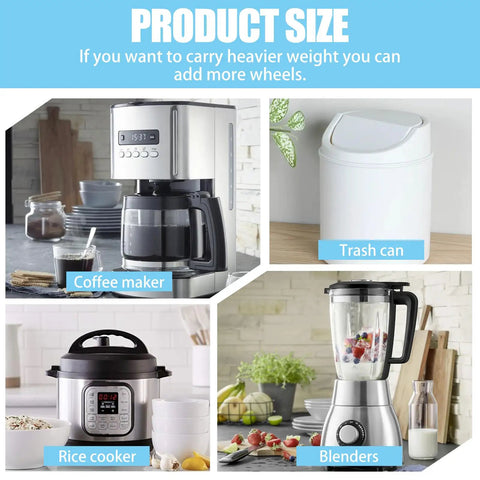 Image showing coffee maker, trash can, rice cooker, and blender, potential uses for 16 Piece Self Adhesive Caster Wheels Set With 360 Degree Swivel.